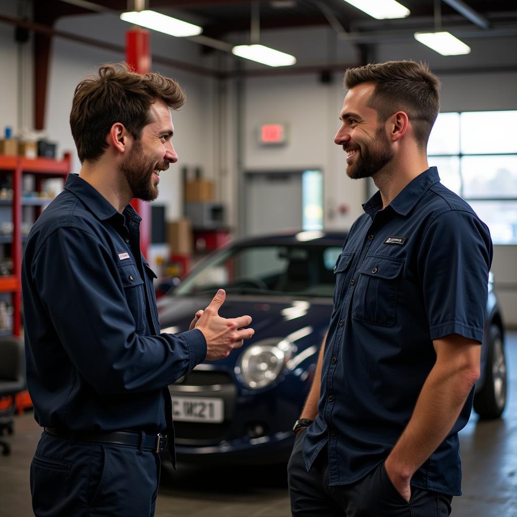 A customer and a mechanic engage in a conversation about small engine repair options within a repair shop.