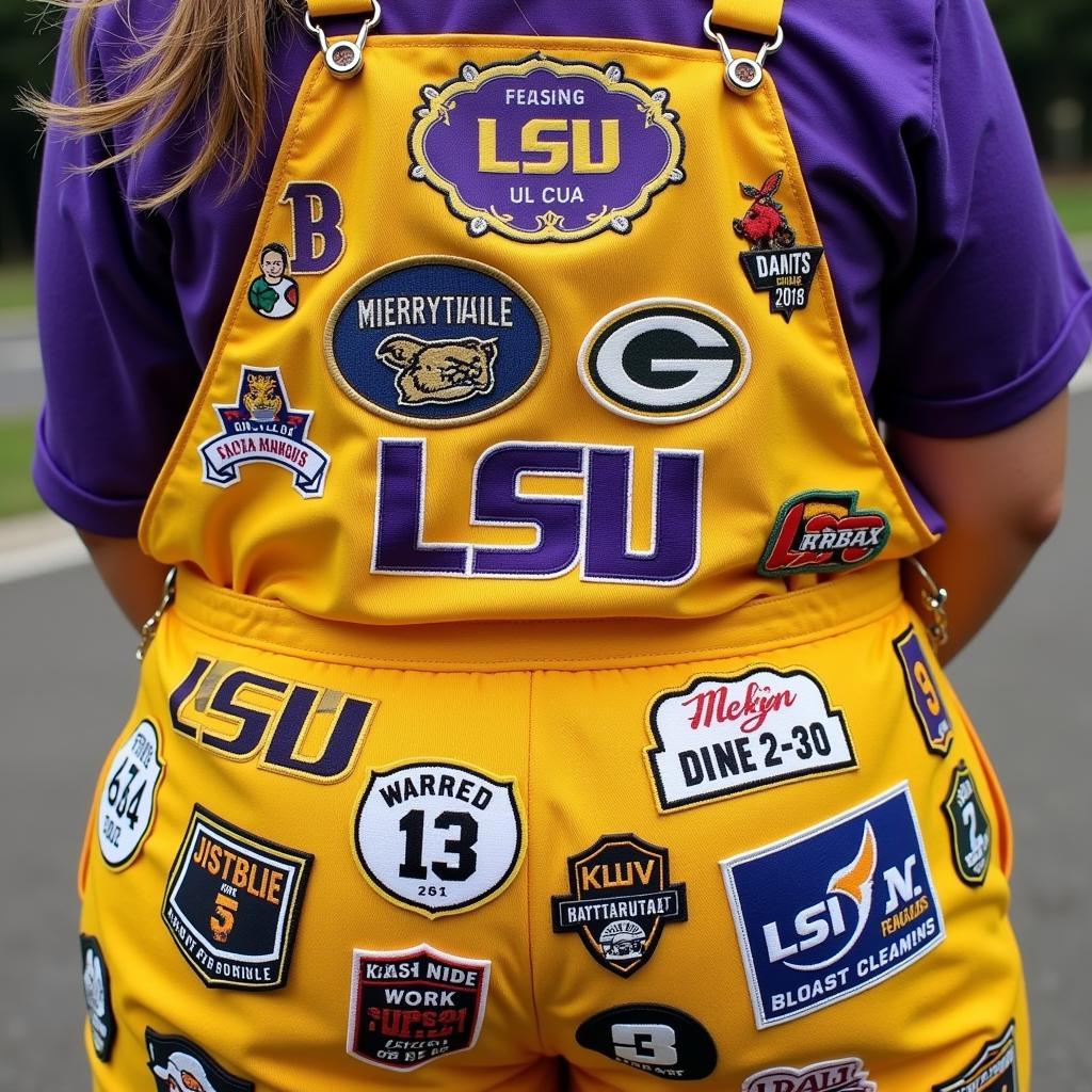 Customized LSU overalls adorned with patches and pins