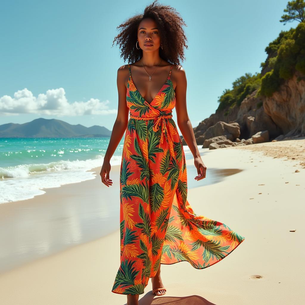 Camille Bordey wearing a colorful tropical dress