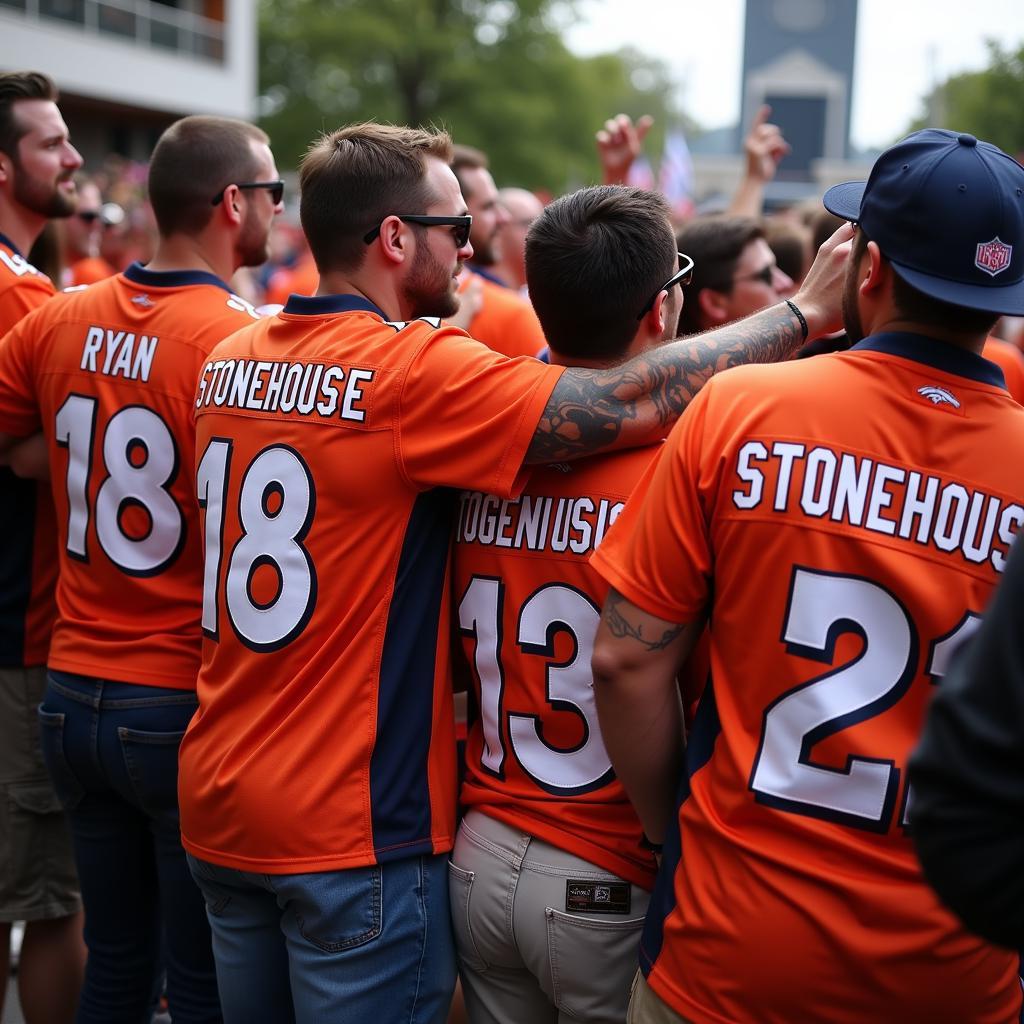 A group of Denver Broncos fans proudly wearing Ryan Stonehouse jerseys at a tailgate party