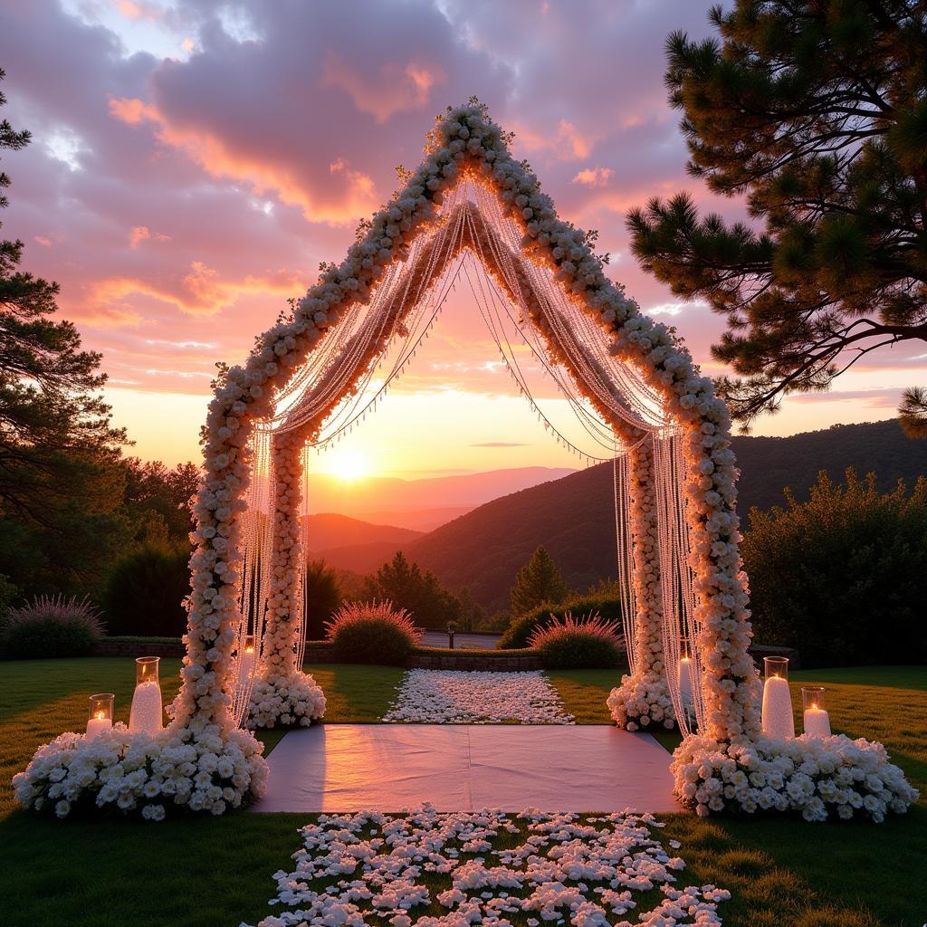 Diamond wedding arch adorned with white flowers during a sunset ceremony