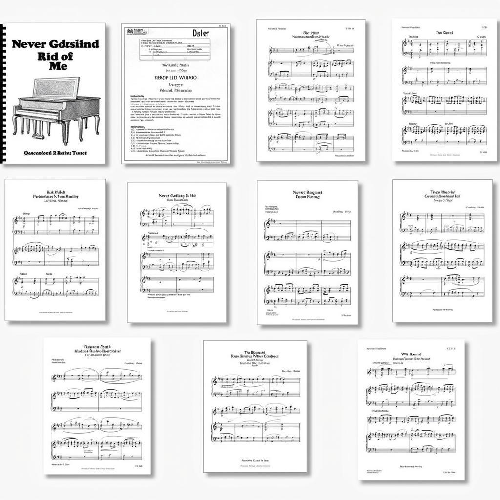 Different sheet music arrangements for "Never Getting Rid of Me" displayed on a table