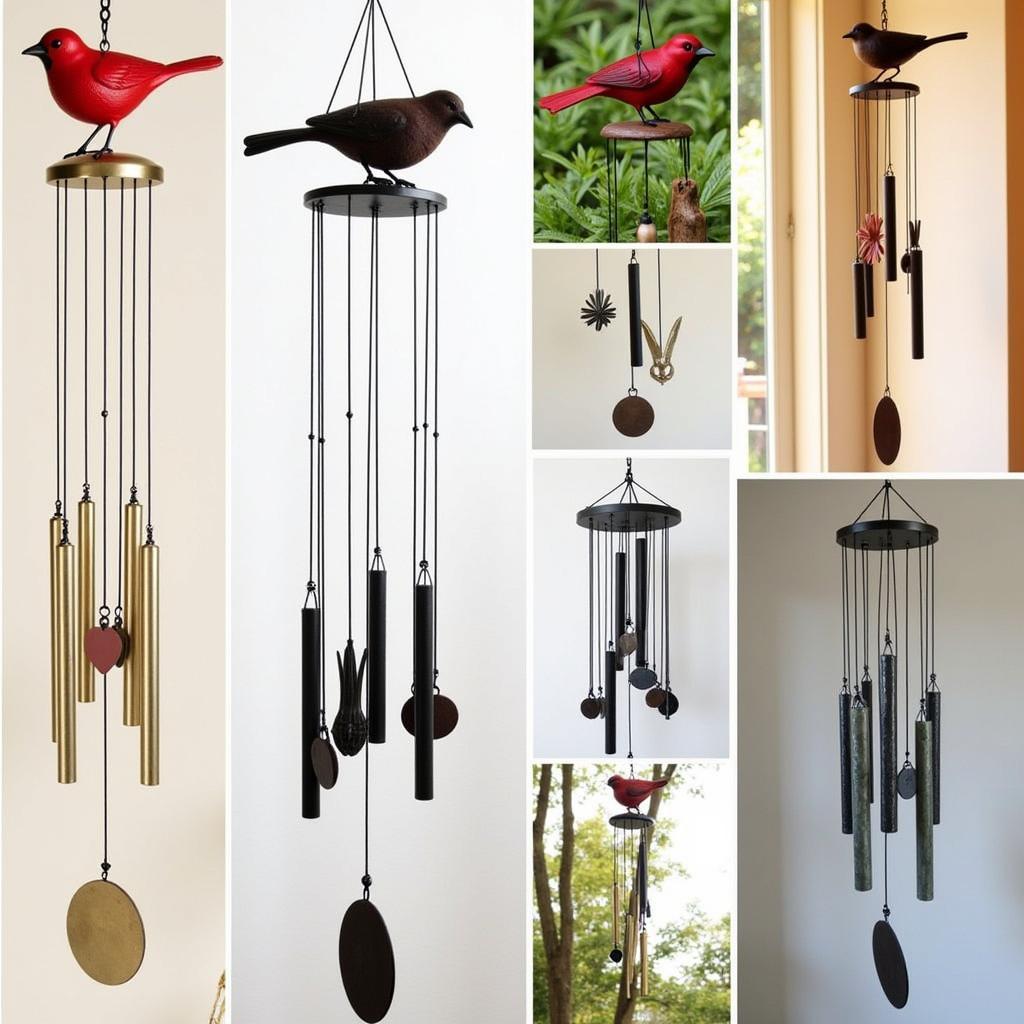 Various designs of red bird wind chimes