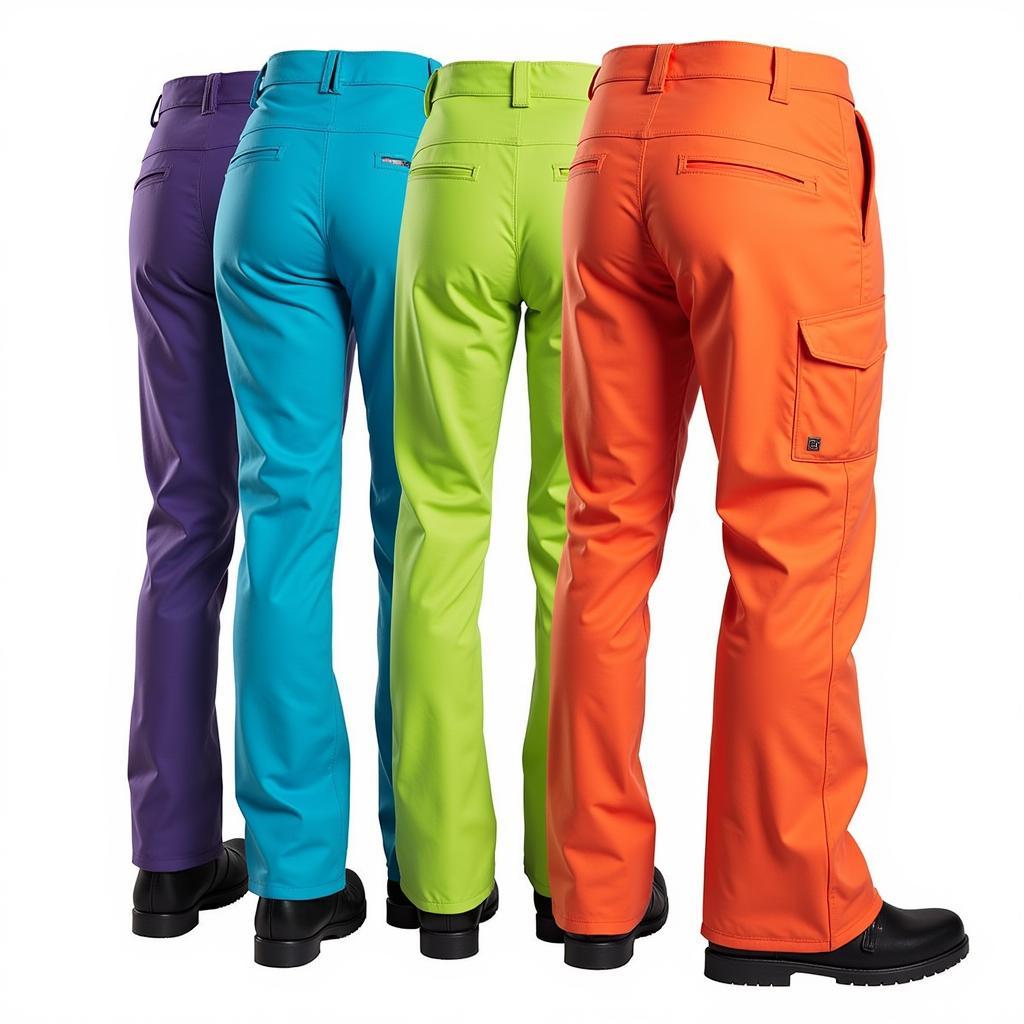 Various neon snowboard pants showcasing different styles and fits