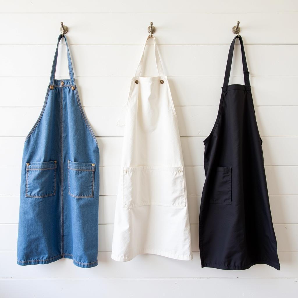  Different styles of 3 pocket aprons hanging on a rack