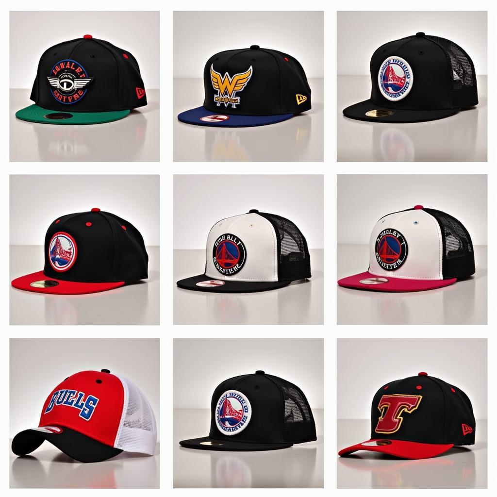 A display of different styles of vintage NBA hats.