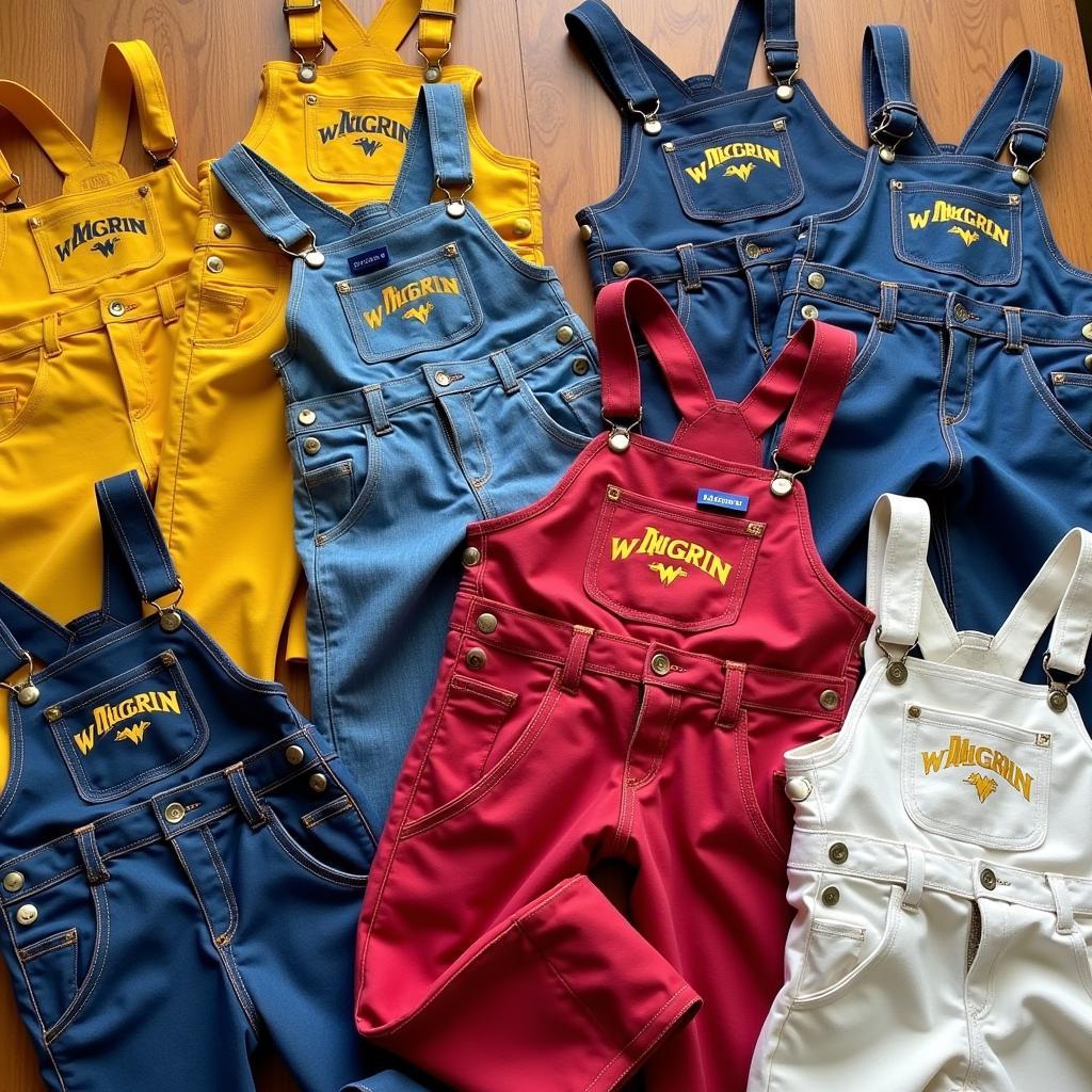 Display of various WVU overall styles