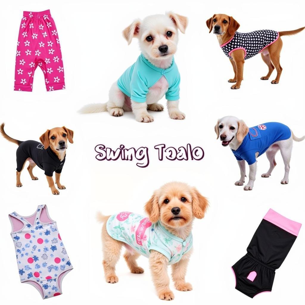 Different types of dog swimming suits on display