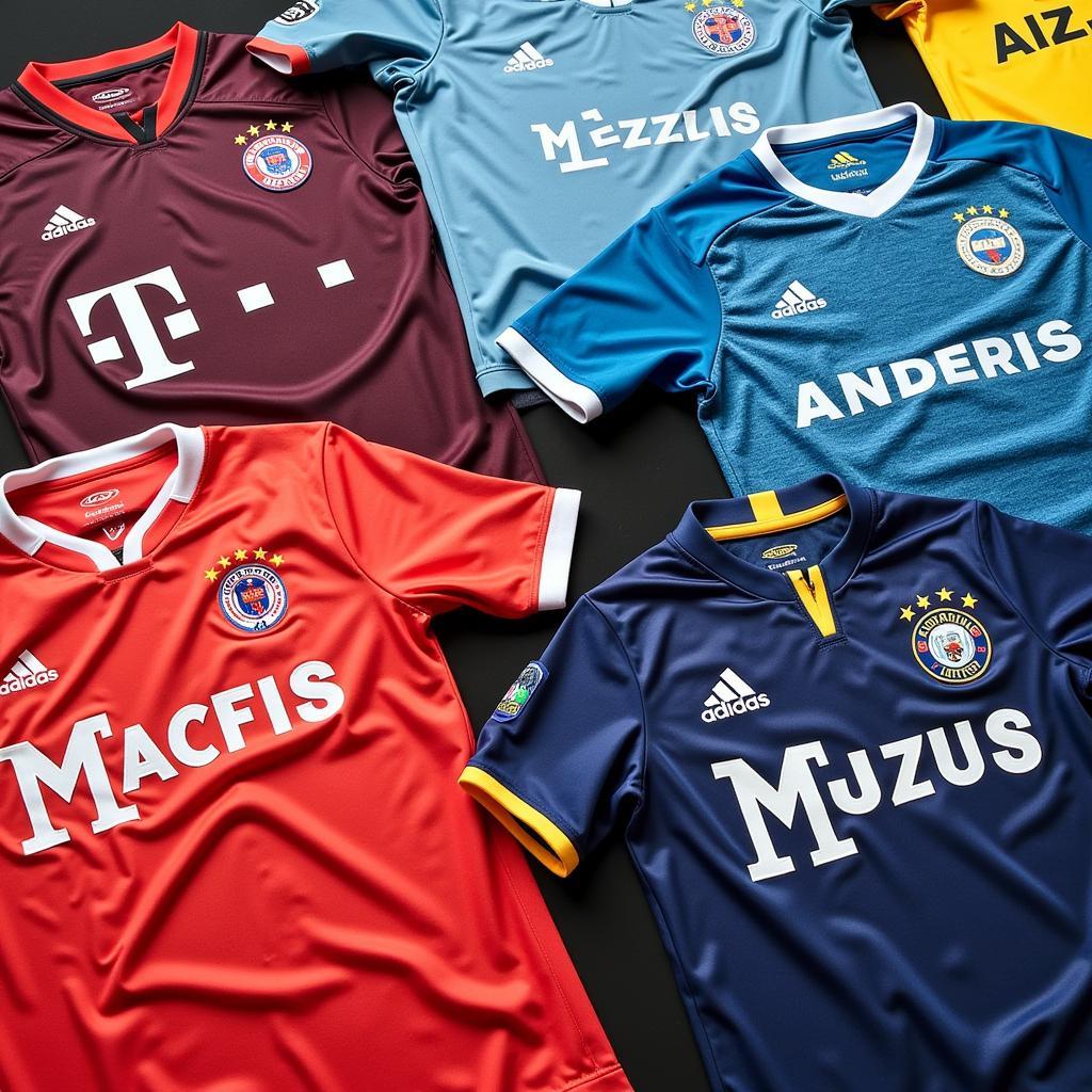 A display of various Argentina Emiliano Martinez jerseys showcasing different styles, colors, and customization options