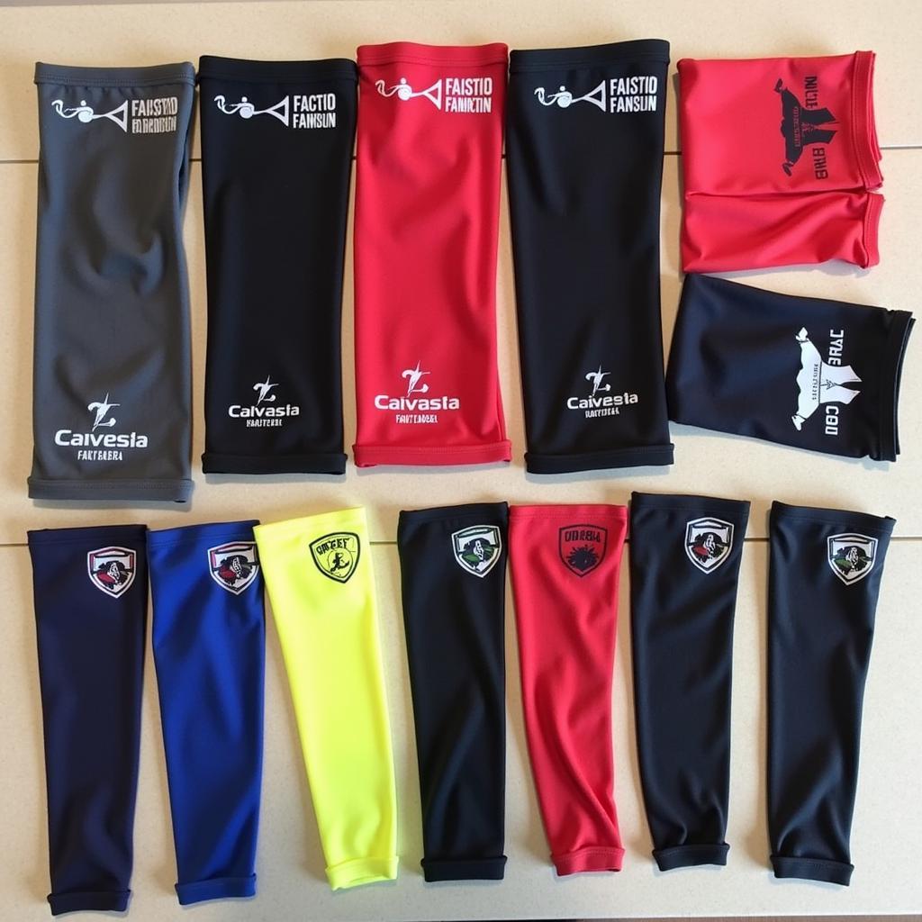 Different types of football padded arm sleeves displayed on a table