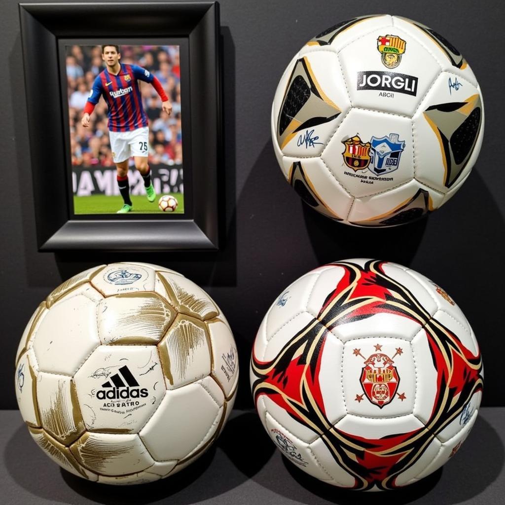 Display of various Lionel Messi signed footballs