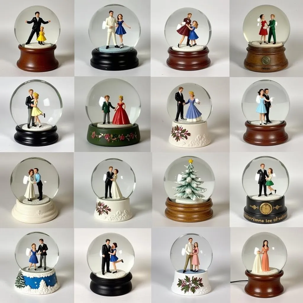 Various snow globe designs featuring ice skating themes