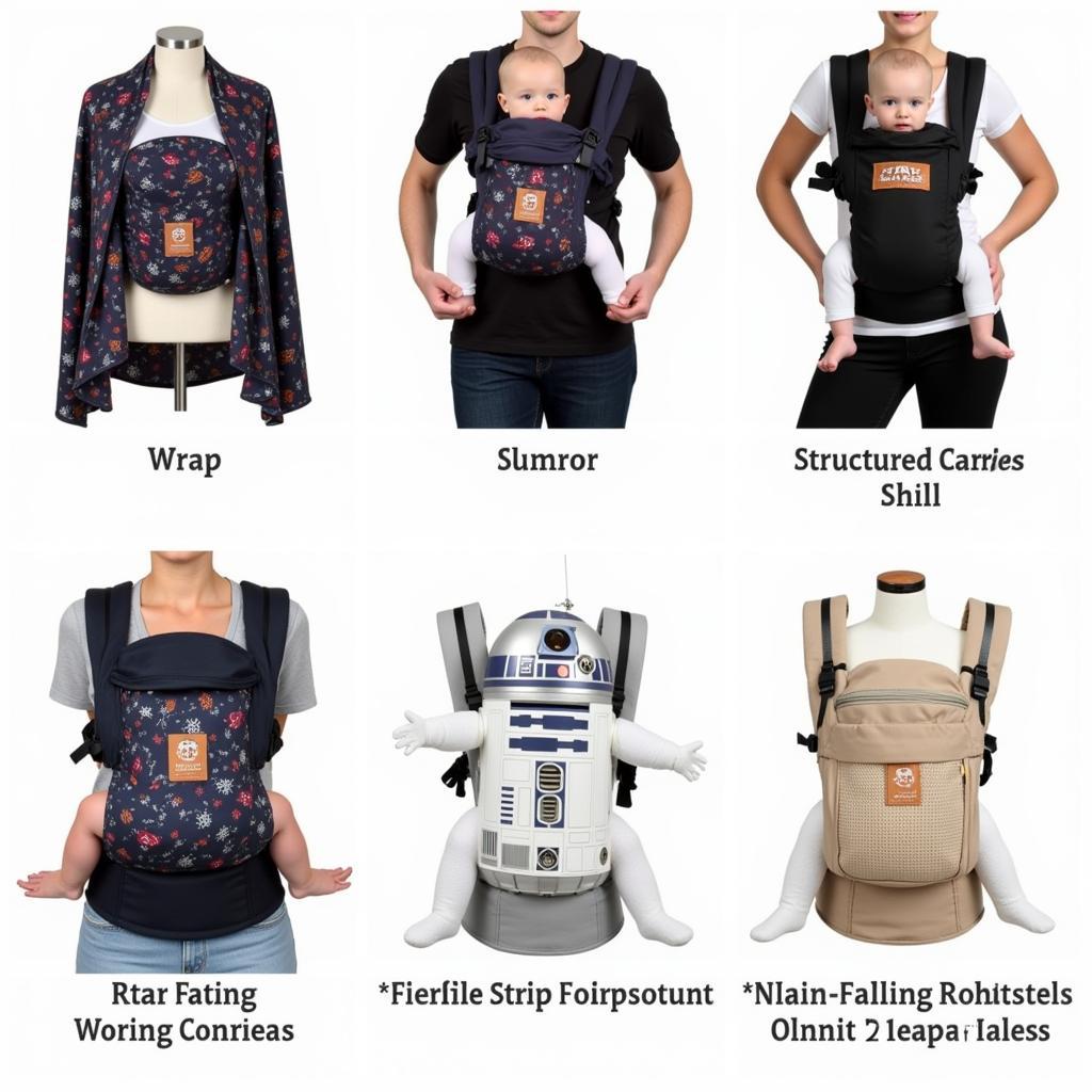 A display of various types of Star Wars baby carriers, including wraps, slings, and structured carriers