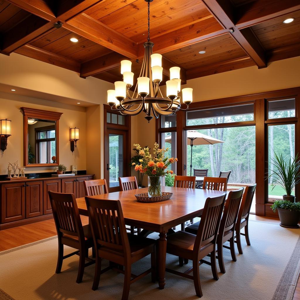 A dining room illuminated by a mission style chandelier