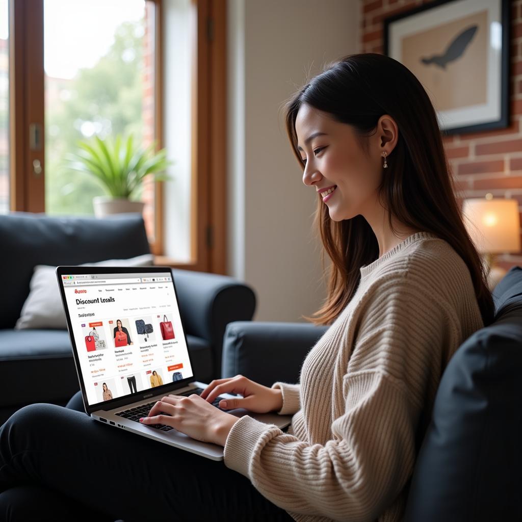 Woman browsing discount codes on her laptop