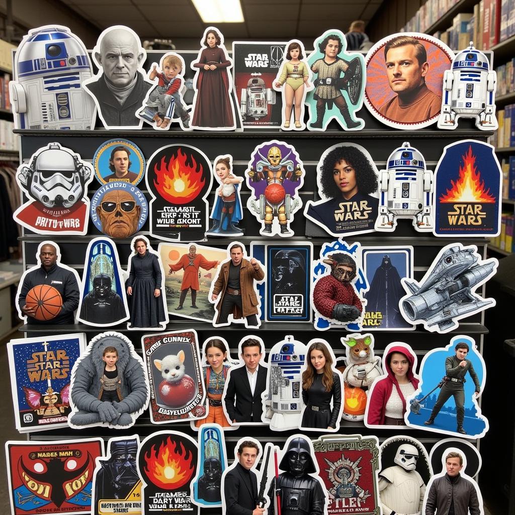 A colorful display of various Star Wars stickers in a store, showcasing a wide variety of characters and designs.