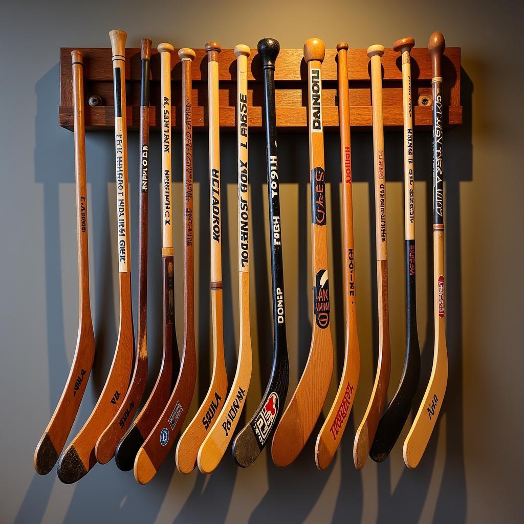 Displaying a collection of vintage hockey sticks on a wall mount