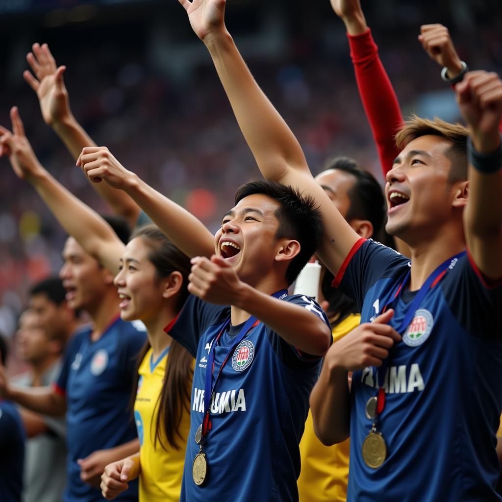 A diverse group of fans erupts in celebration as Yamal scores a spectacular goal, capturing the unifying power of sports.