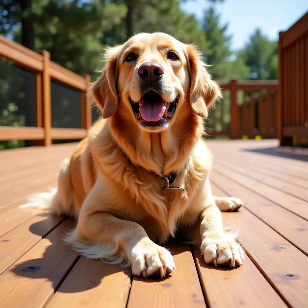 Dog relaxing on a spacious wooden deck