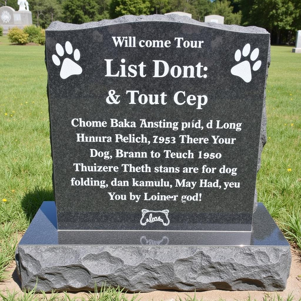 Granite dog pet tombstone with engraved paw prints and a heartfelt inscription.