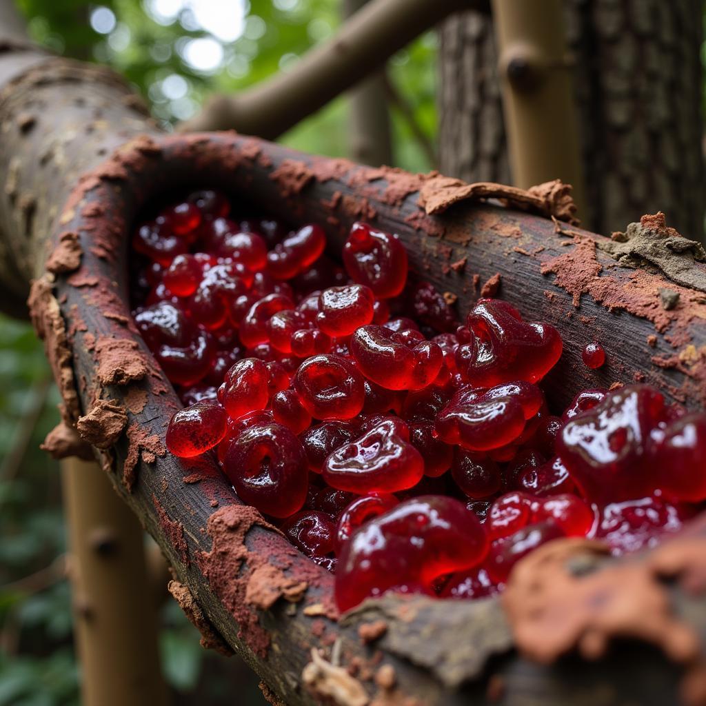 Red resin droplets oozing from a tree trunk