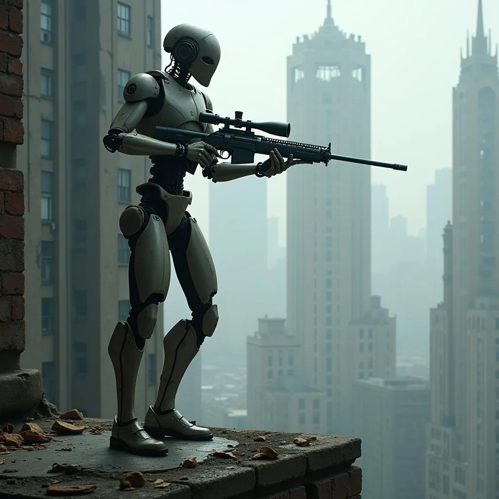 A droid sniper takes aim with its advanced rifle, its optical camouflage rendering it nearly invisible.