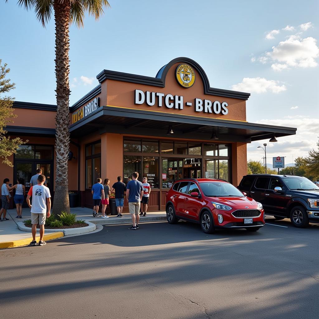 A bustling Dutch Bros coffee shop with a line of cars waiting for their orders