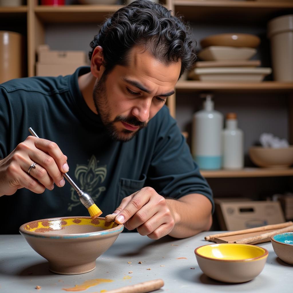 Eddie Dominguez working on glazing a ceramic piece