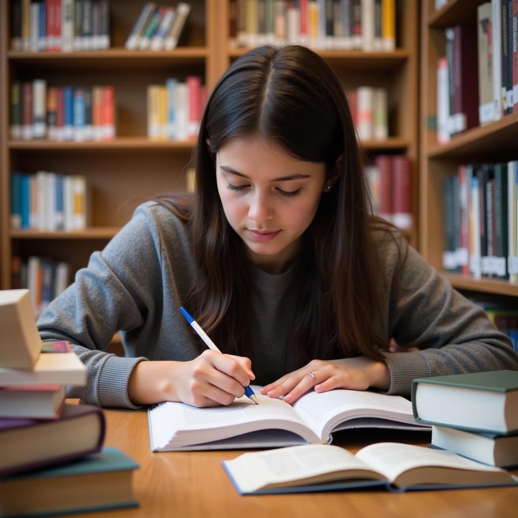 A student engrossed in a textbook, employing effective study techniques in a library setting