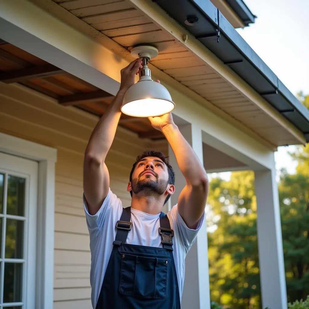 Electrician installing an outdoor ceiling can light