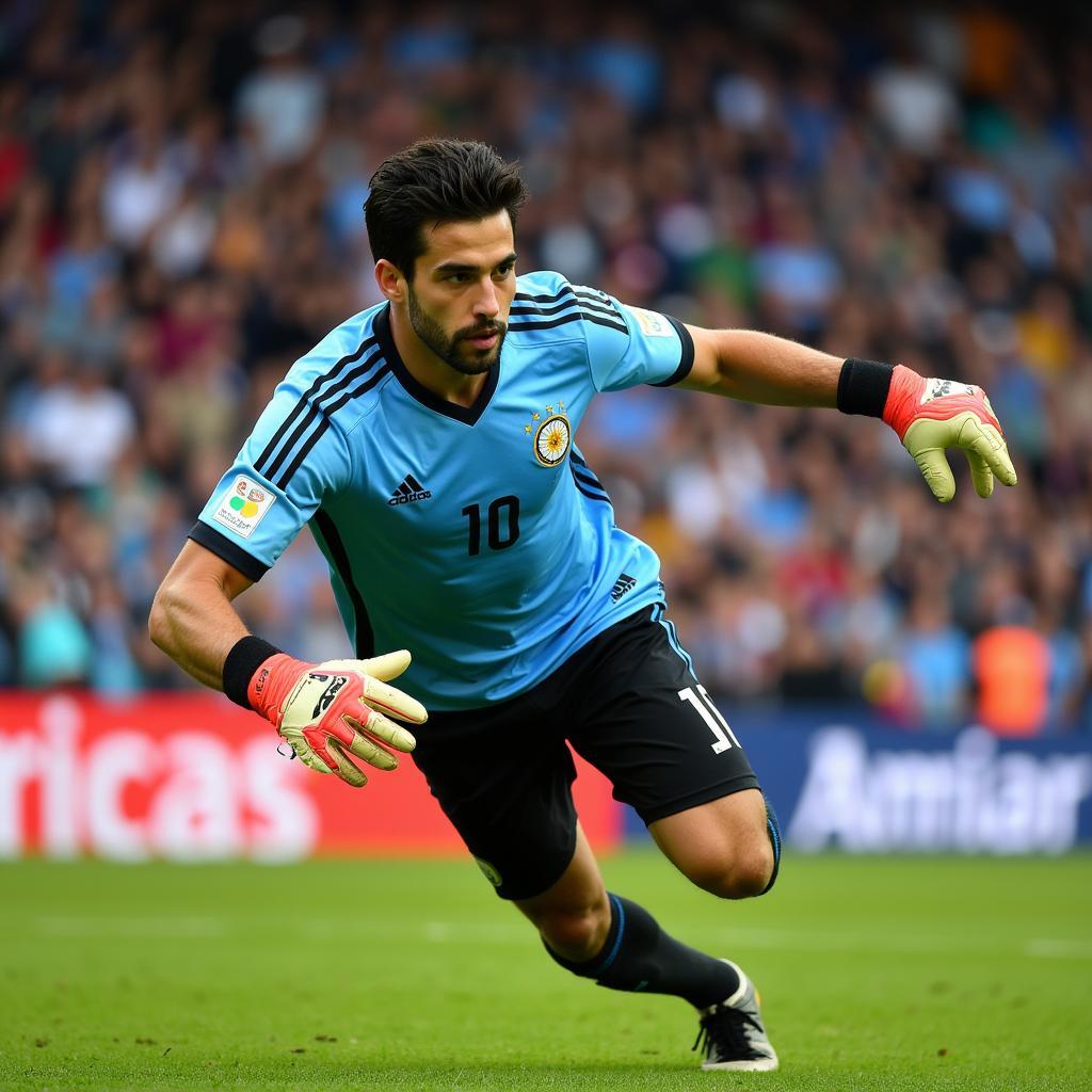 Emiliano Martinez in the Argentina goalkeeper jersey, making a save during a match