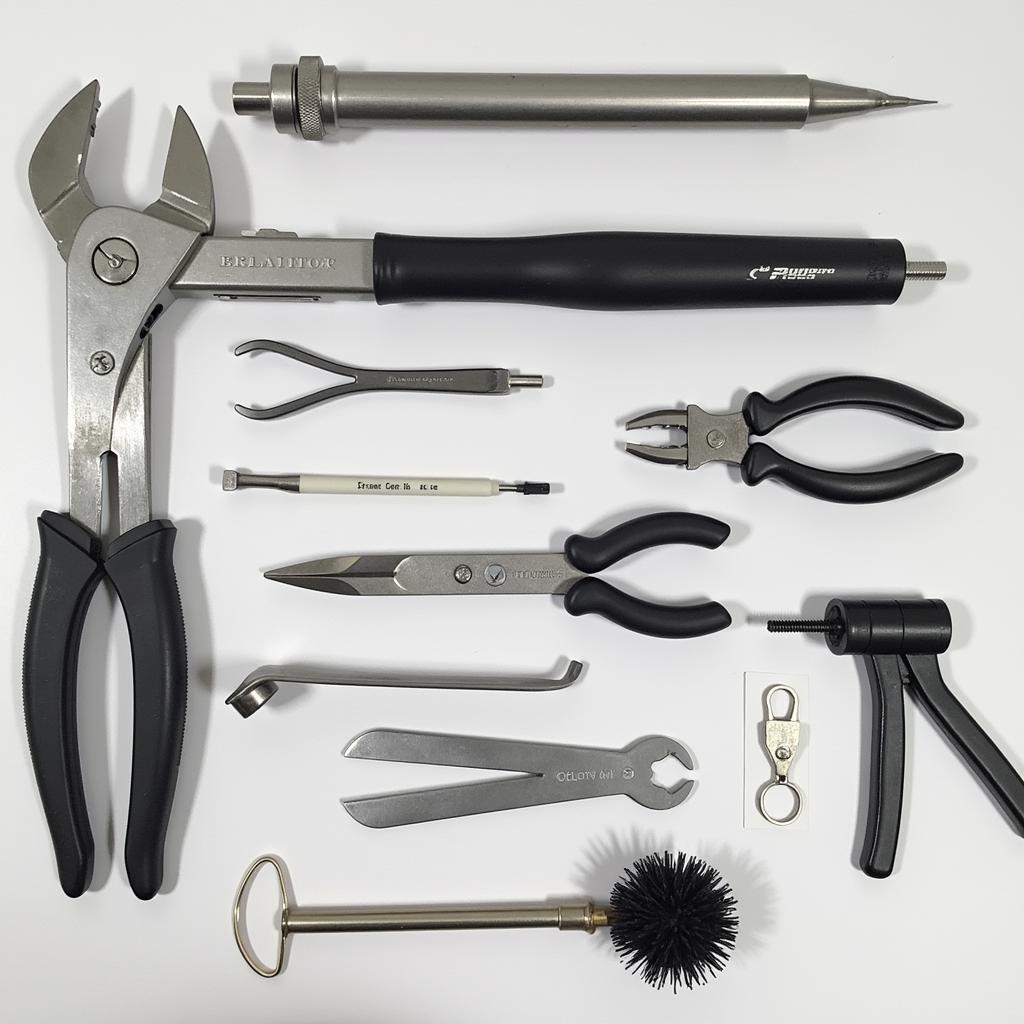 An assortment of essential gardening tools arranged on a wooden table, including gloves, a hand trowel, a hand rake, and a watering can.