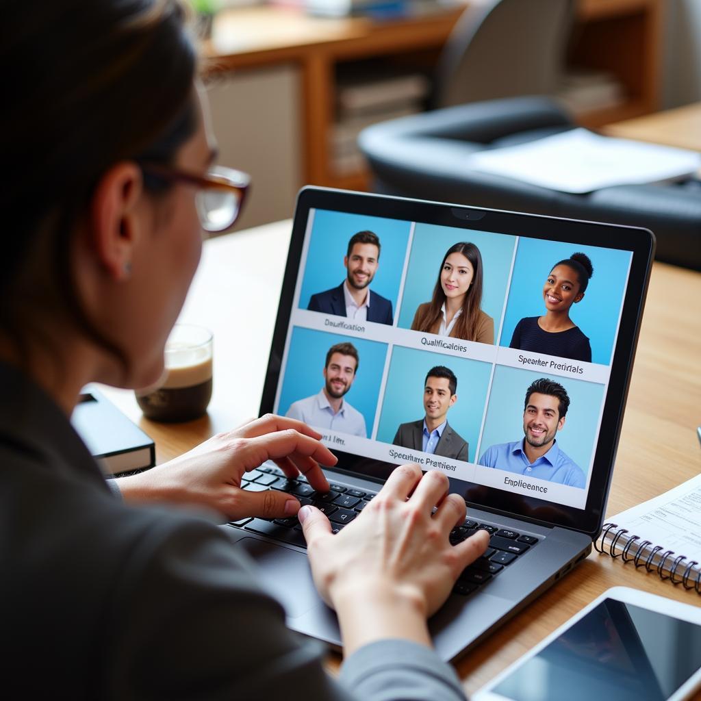 Event planner reviewing potential speaker profiles on a laptop, shortlisting candidates.