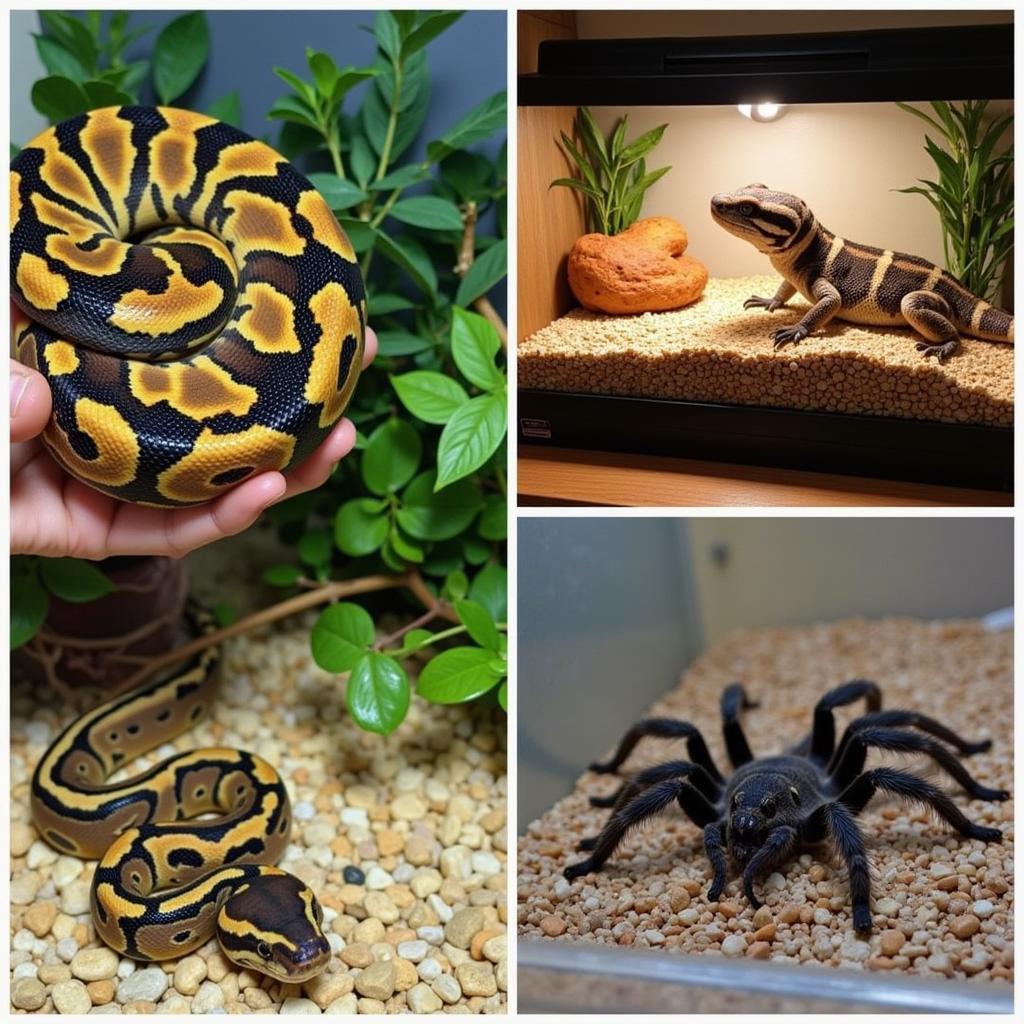 Exotic pets: A snake, a lizard, and a spider in their respective terrariums.