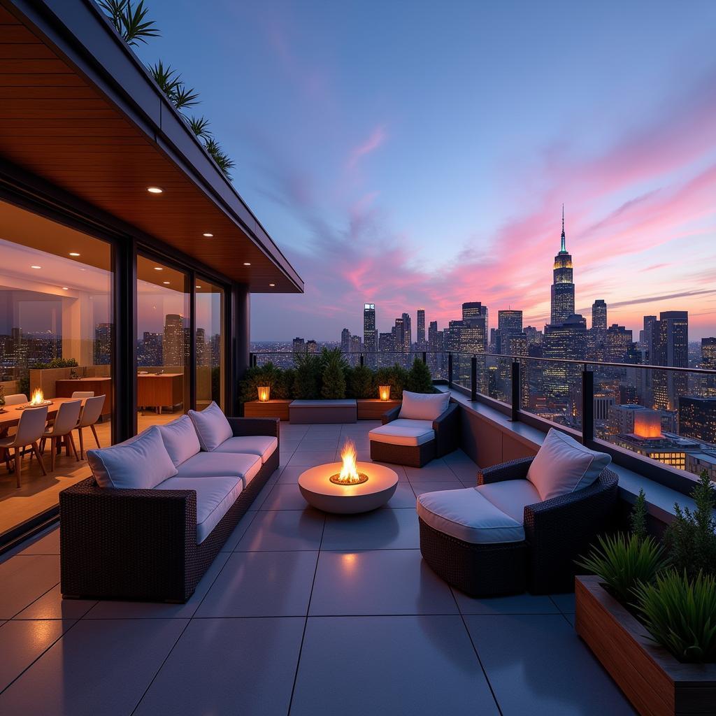 Expansive Penthouse Terrace with Outdoor Lounge Area Overlooking the Cityscape