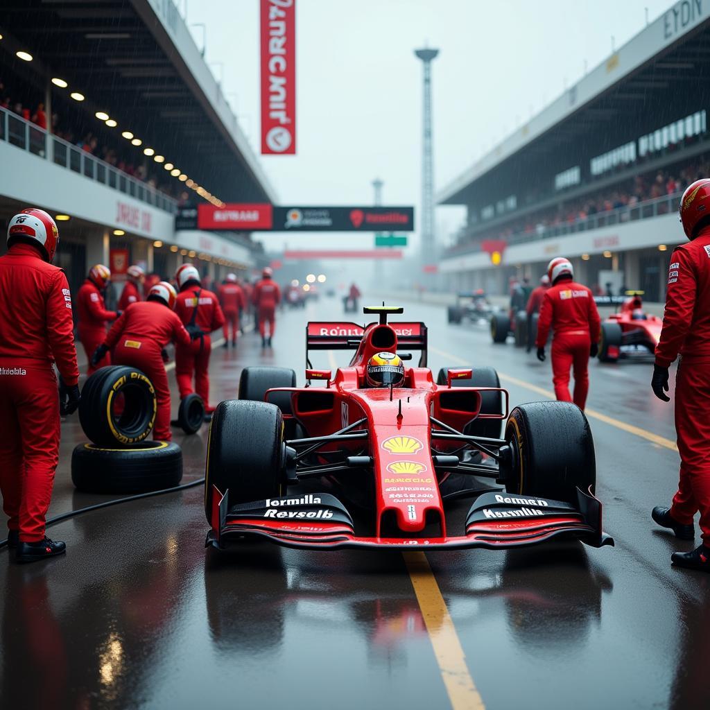 F1 pit stop during rain