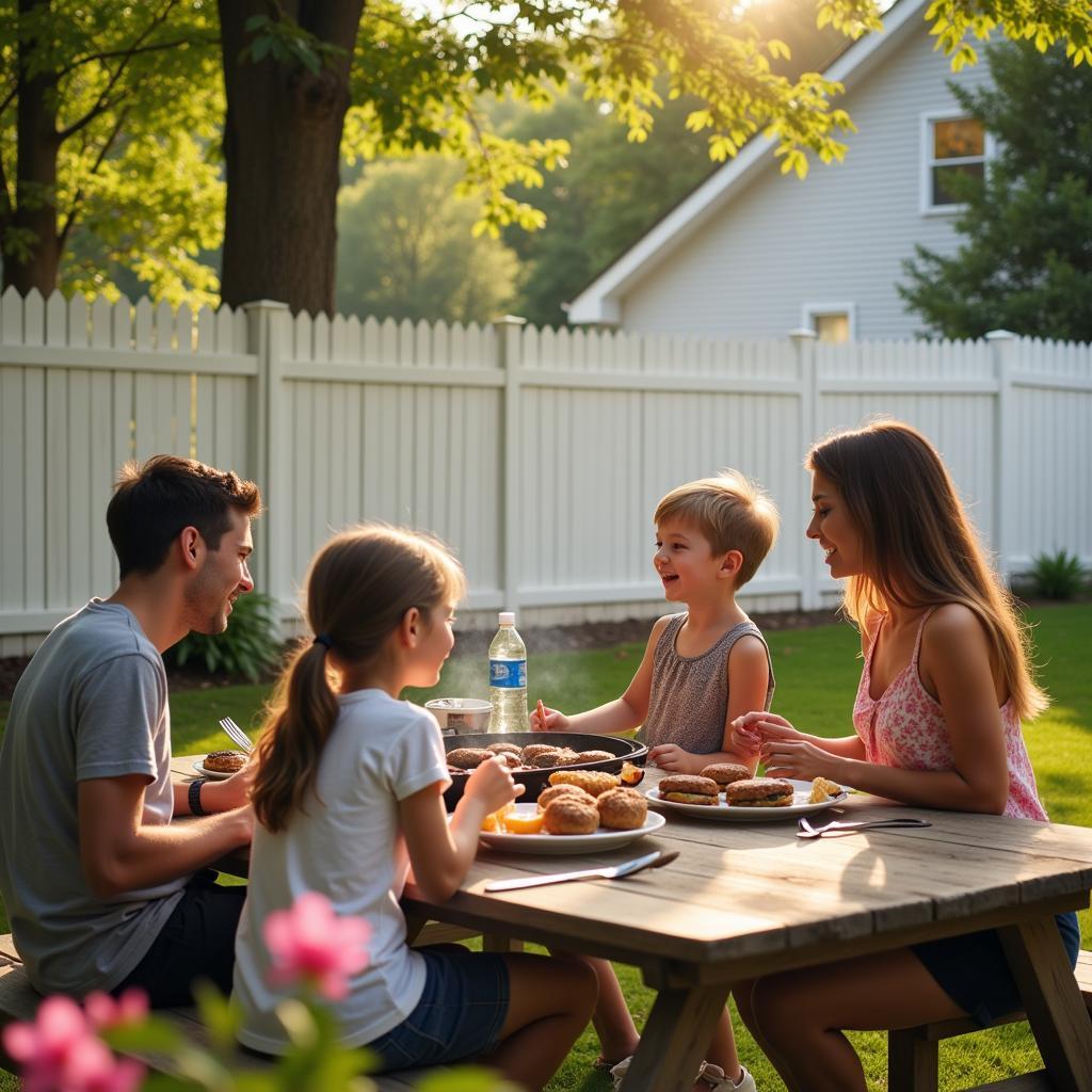 A happy family enjoying a backyard barbecue within the confines of their white picket fence