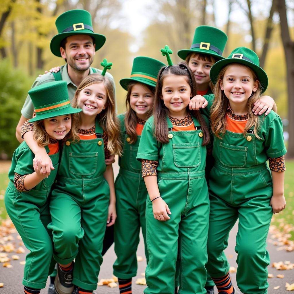 Family wearing matching St. Patrick's Day overalls.