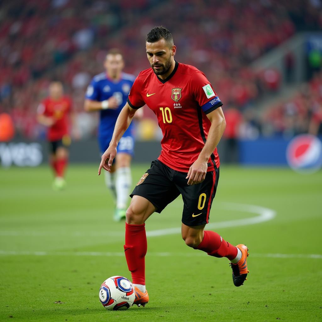 A famous footballer scoring a goal while wearing a pair of Euros boots