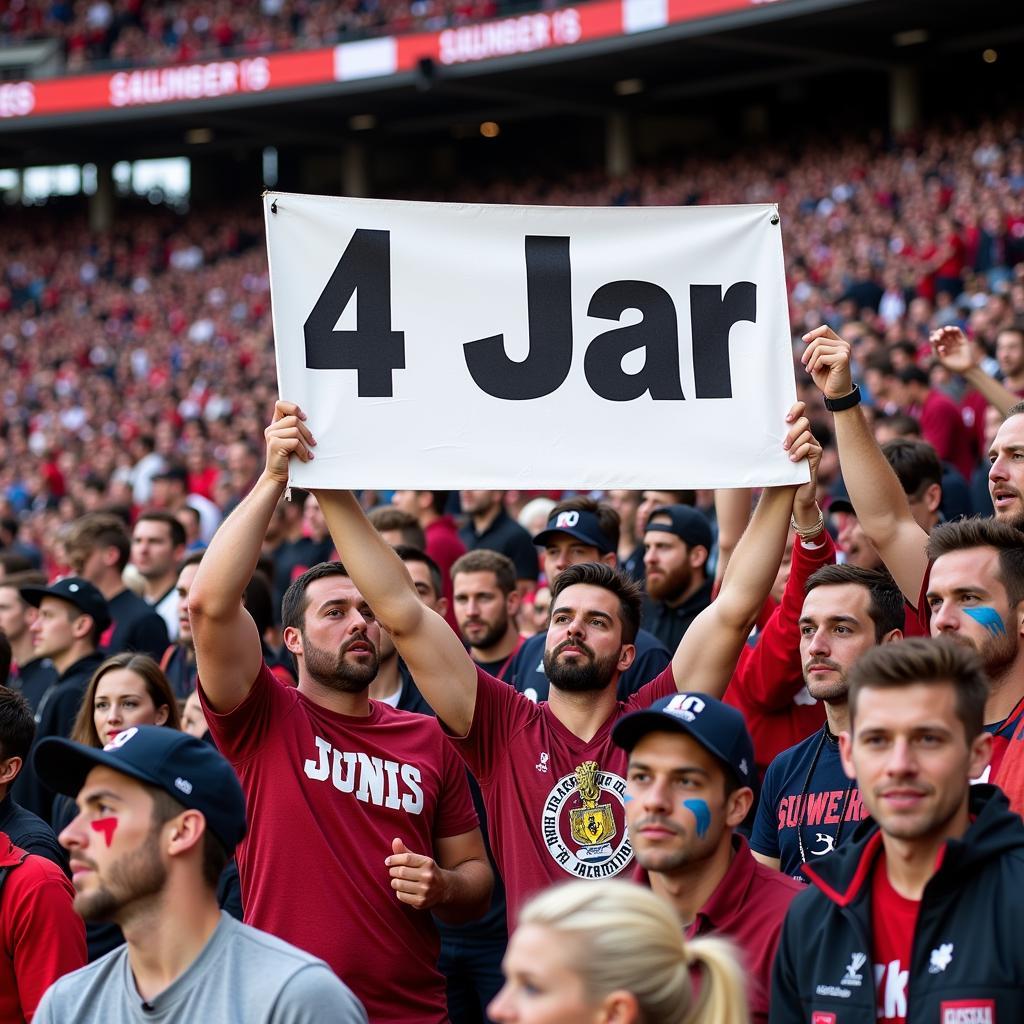 Fans holding up a banner with "4 Jar" during a football match