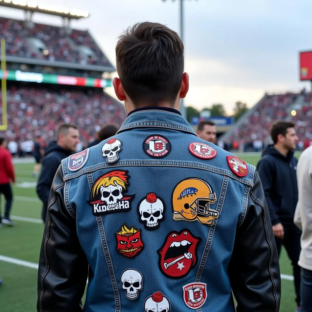 Football fan wearing a jacket adorned with skull patches