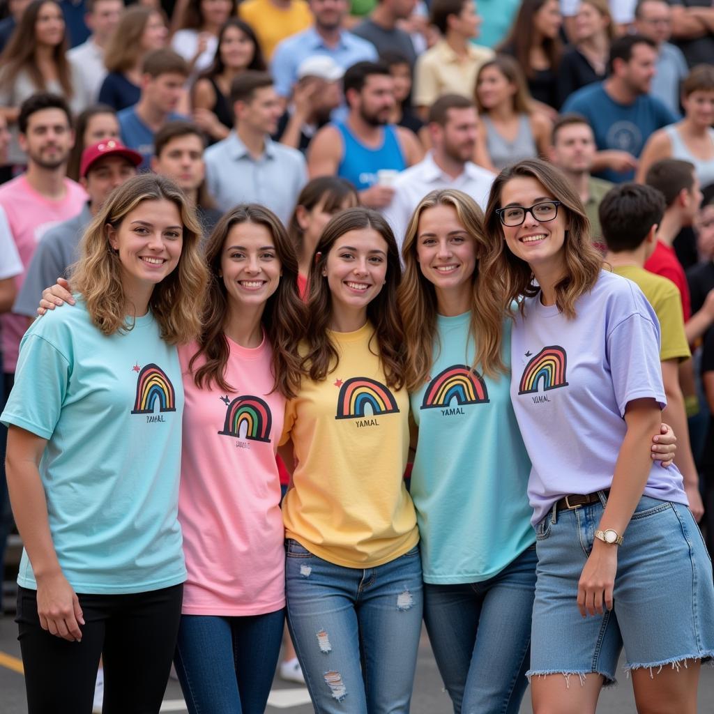 A group of Yamal's fans proudly wearing pastel rainbow shirts