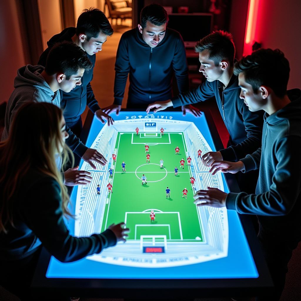 Football fans interact with a holotable displaying Lamine Yamal's game statistics and iconic moments.