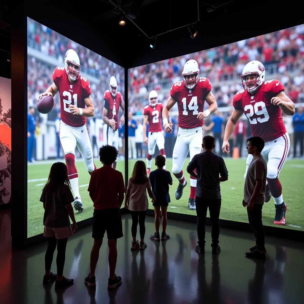 Football fans interacting with a digital exhibit featuring reconstructed images of past avatars