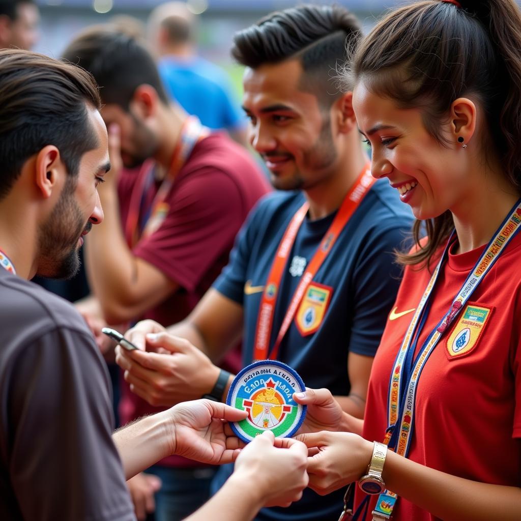 Fans exchanging Copa America patches during the tournament.