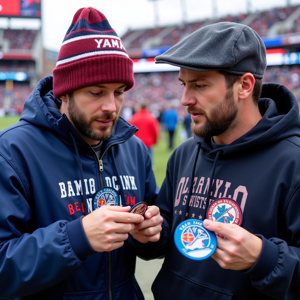 Fans Trading Yamal Trip Patches at a Match