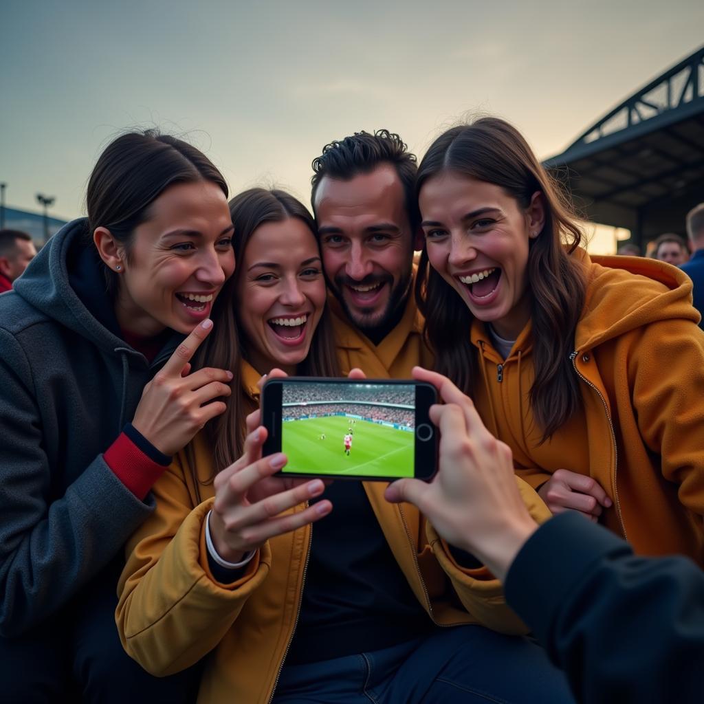 Fans watching a football match on their mobile phone