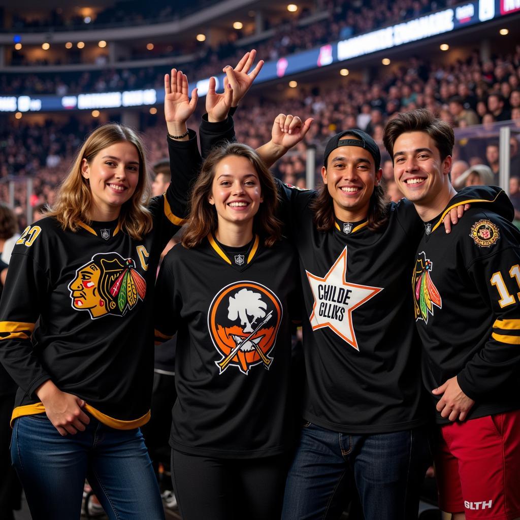 Fans showing their team spirit in all-black hockey jerseys