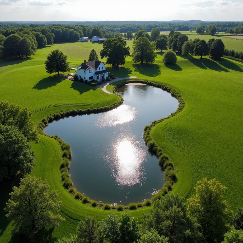 Aerial view of a picturesque farm with a pond