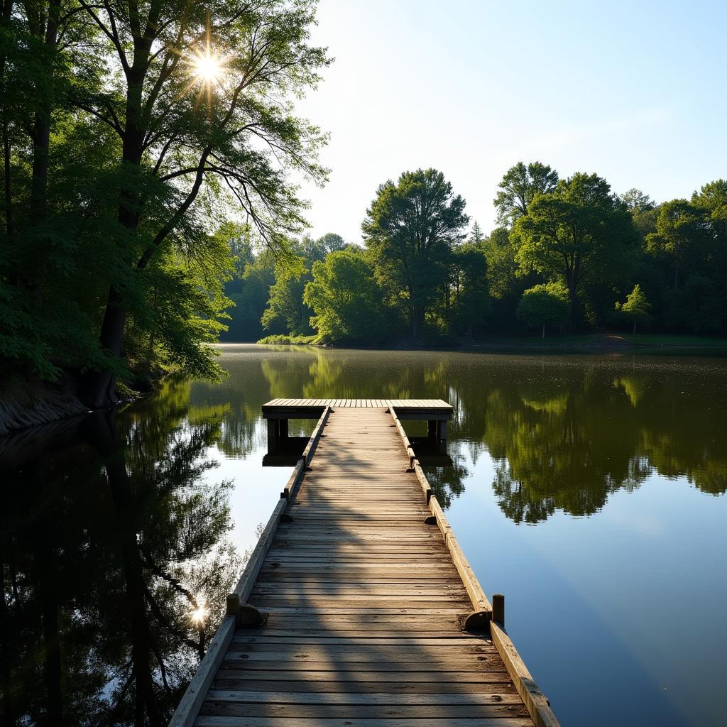 Wooden dock extending into a tranquil farm pond, ideal for fishing